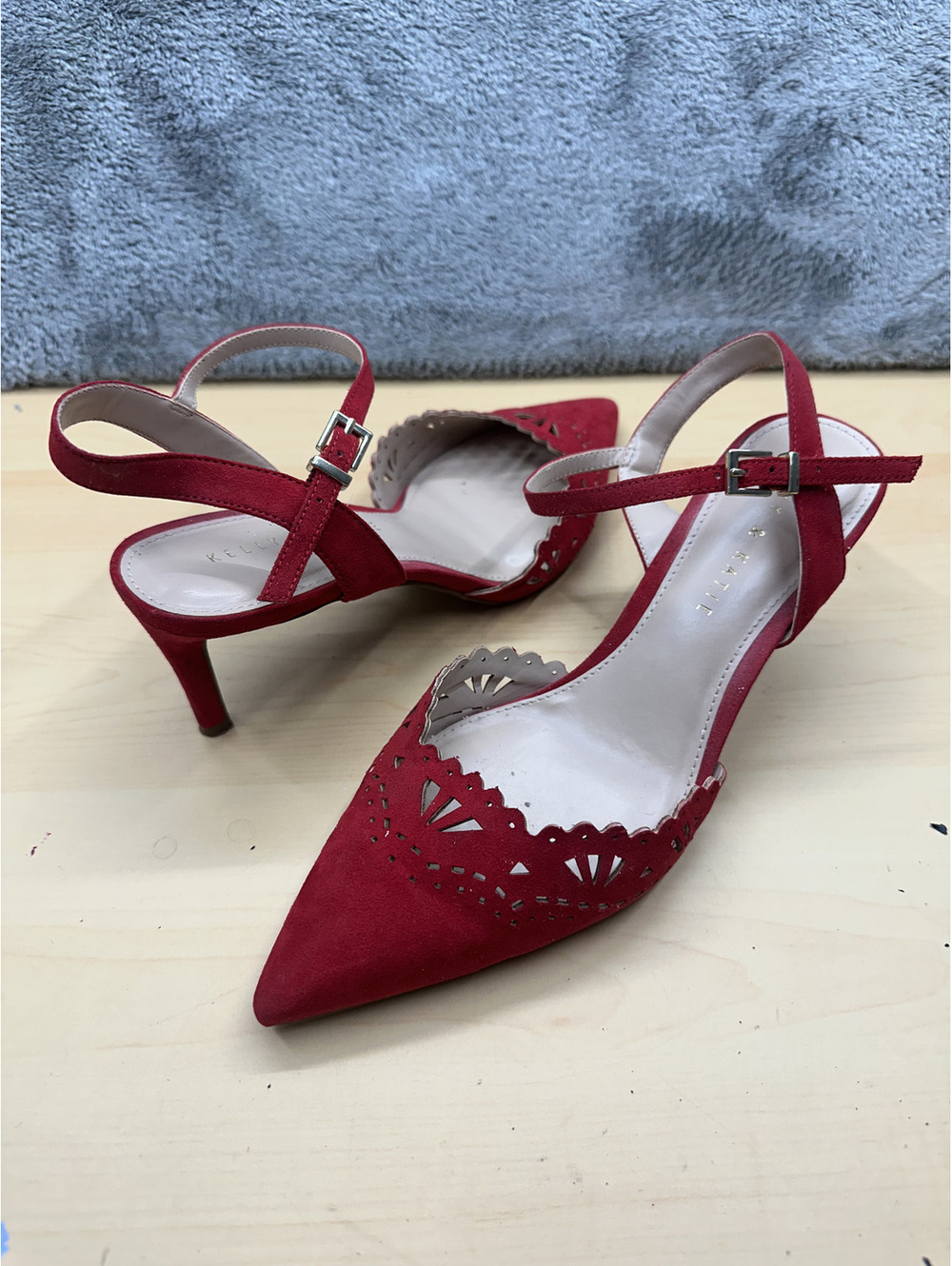 Kelly & Katie Red Suede Pointed Toe Ankle Strap Heels
